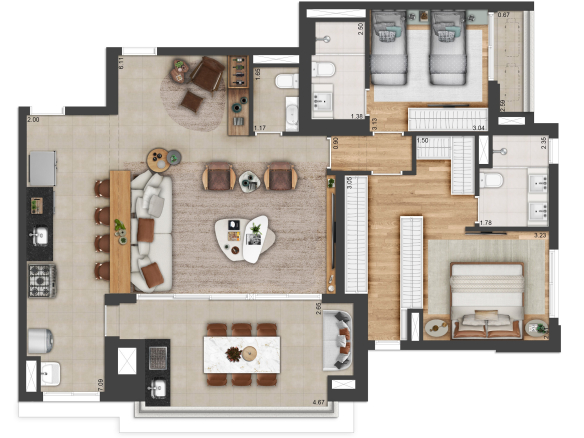 Andrômeda by MPD — planta 123 m² — opção 1 — 2 suítes e living ampliado