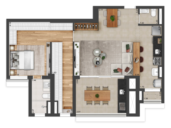 Andrômeda by MPD — planta 90 m² — opção 1 — 1 suíte e living ampliado