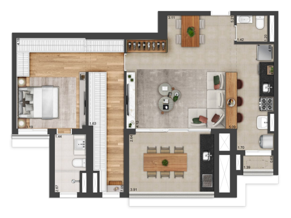 Planta opção 1 de 89 m² internos da tipologia comercial de 90 m² com depósito