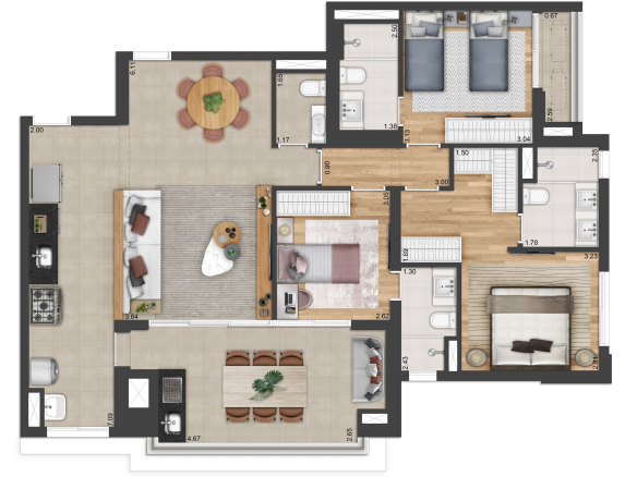 Andrômeda by MPD — planta 123 m² — padrão — 3 suítes e cozinha fechada