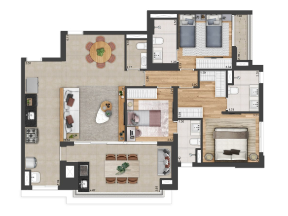 Planta padrão de 120 m² internos da tipologia comercial de 123 m² com depósito