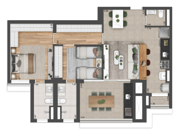 Planta padrão de 89 m² internos da tipologia comercial de 90 m² com depósito