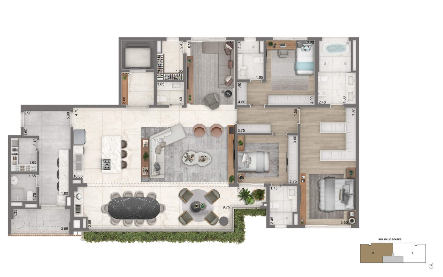 Planta de 232 m² com 3 suítes, lounge privativo e cozinha aberta do Portrait Parque do Ibirapuera