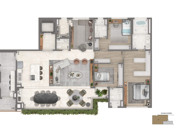 Planta de 232 m² com 3 suítes, lounge privativo e cozinha aberta do Portrait Parque do Ibirapuera