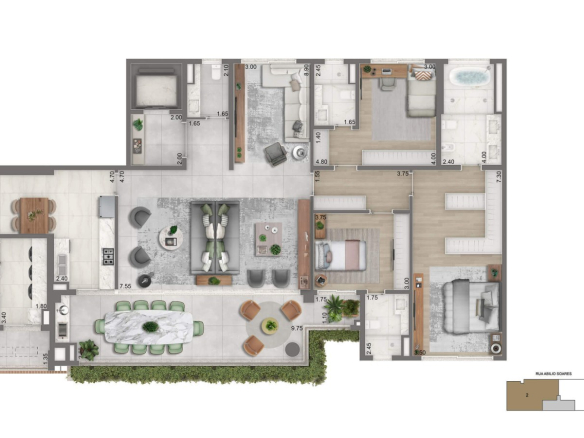 Planta de 232 m² com 3 suítes e lounge privativo do Portrait Parque do Ibirapuera