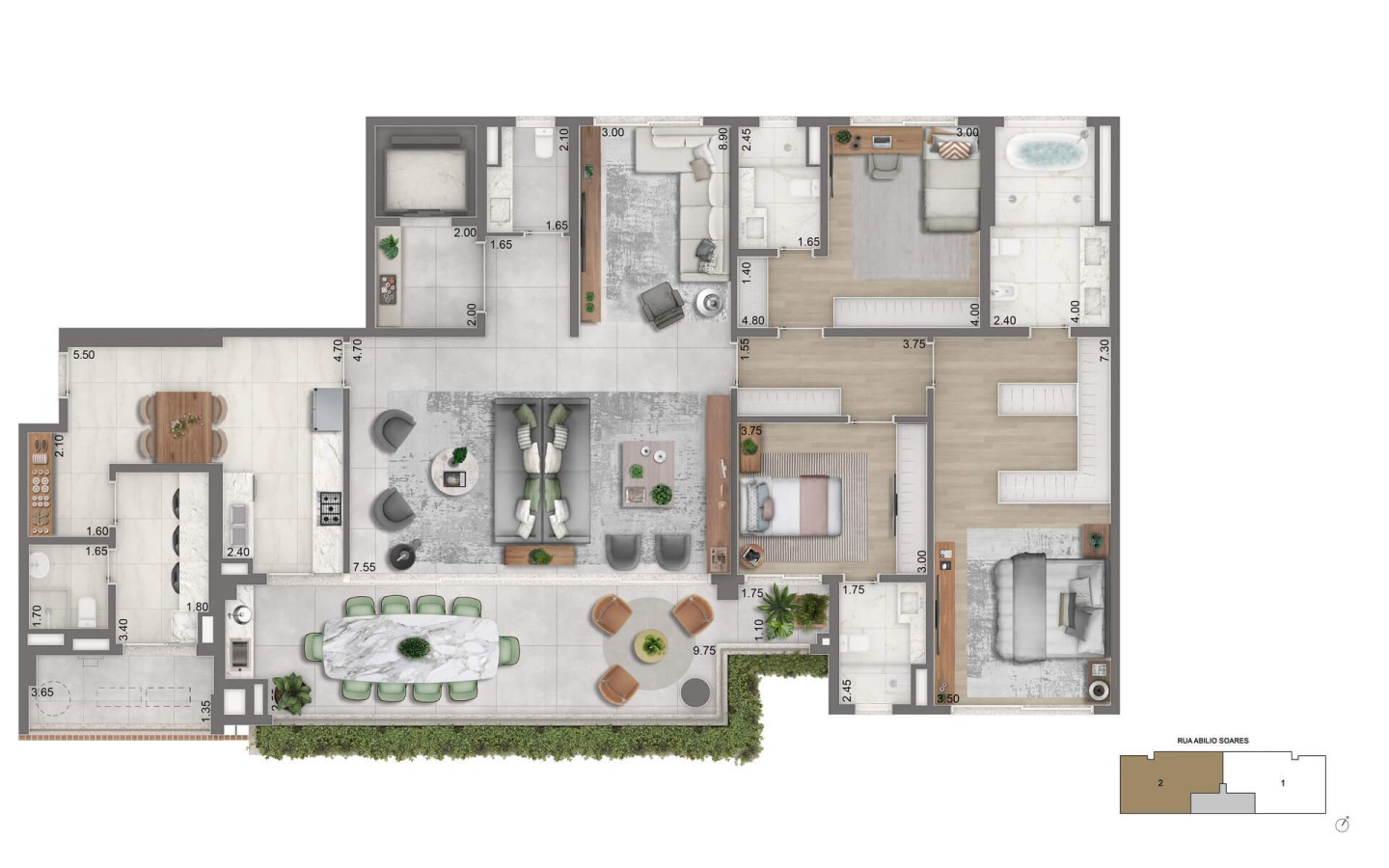 Planta de 232 m² com 3 suítes e lounge privativo do Portrait Parque do Ibirapuera