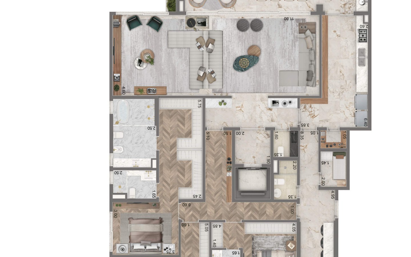 Planta alternativa de 272 m² com 3 suítes e living ampliado do Portrait Parque do Ibirapuera