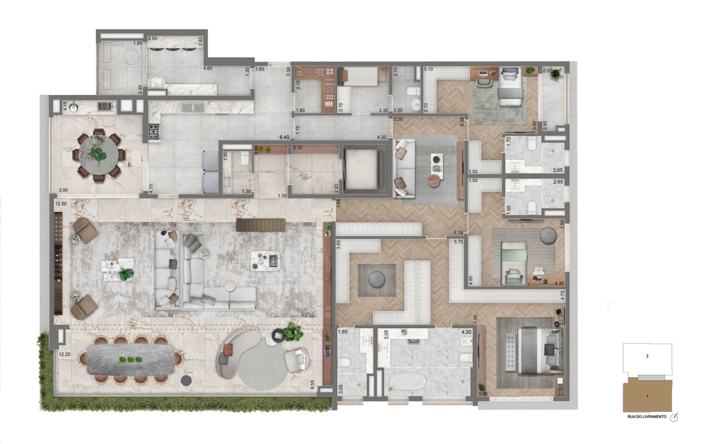 Planta alternativa de 355 m² com 3 suítes e lounge privativo do Portrait Parque do Ibirapuera