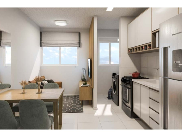 Sala e cozinha integradas do decorado do Residencial Olímpia