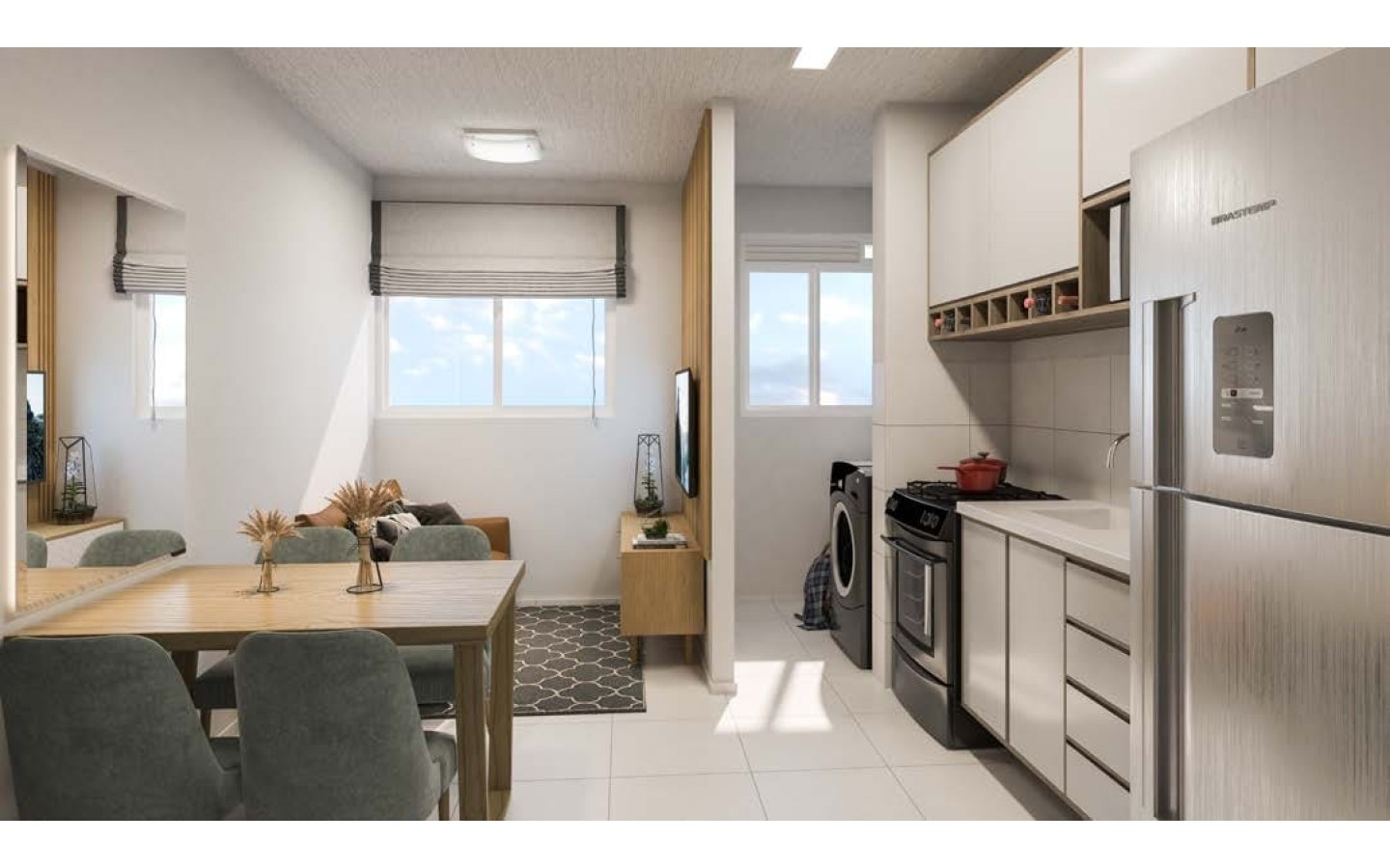 Residencial Olímpia – Atendimento Especializado (11) 4237-8776 Sala e cozinha integradas do decorado do Residencial Olímpia