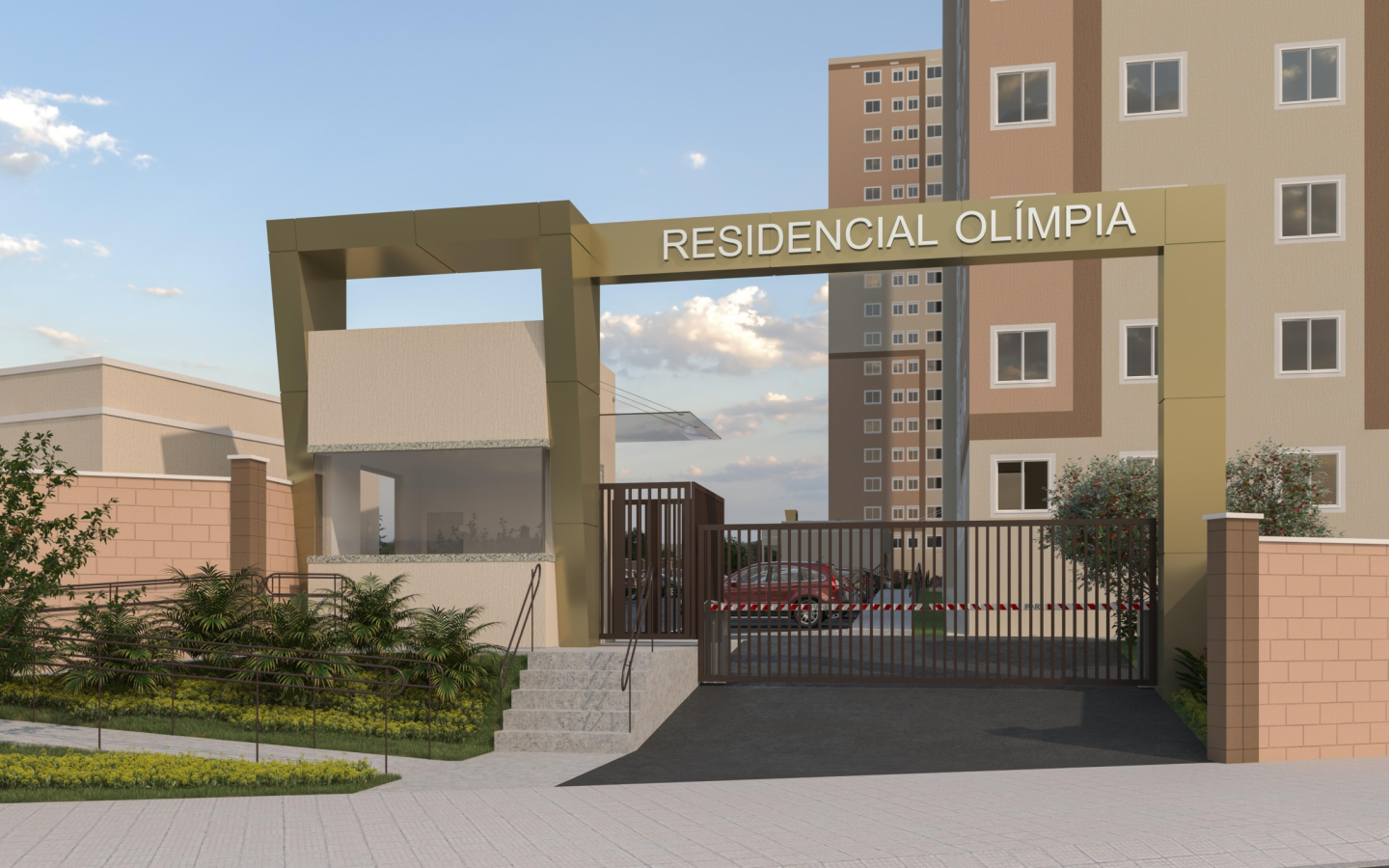 Entrada do Residencial Olímpia com torres ao fundo