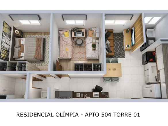 Planta ilustrada de 39 m² do Residencial Olímpia