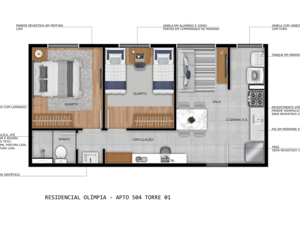 Planta técnica de 39 m² do Residencial Olímpia