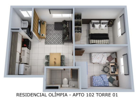 Planta ilustrada de 42 m² do Residencial Olímpia
