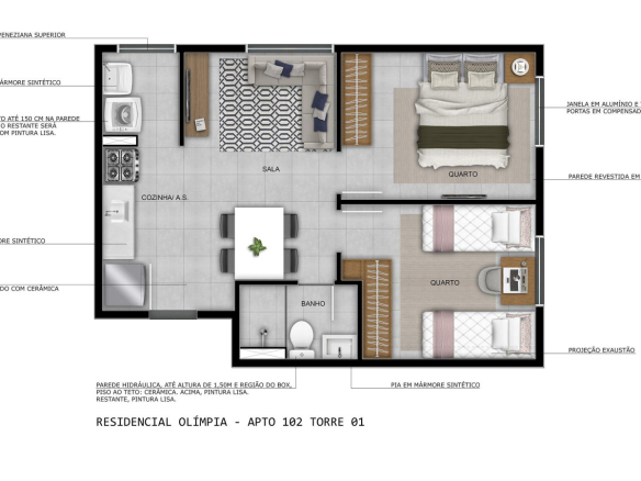 Planta técnica de 42 m² do Residencial Olímpia