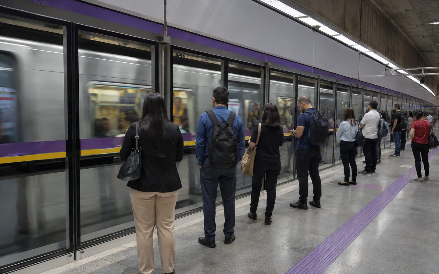 Passageiros aguardando o trem em plataforma moderna da Linha 5-Lilás