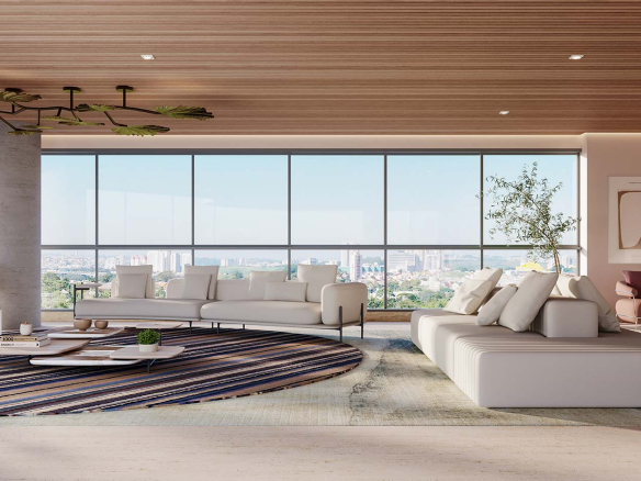 Living panorâmico do Signature Alphaville com amplos caixilhos