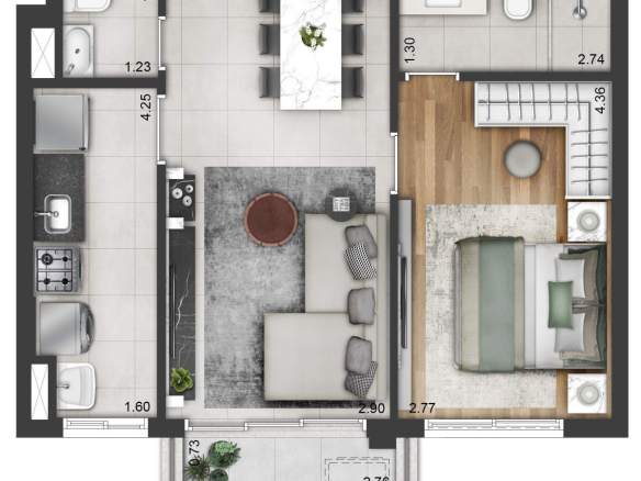 Perspectiva da unidade tipo de 51 m² do Soul Itapecuru em Alphaville