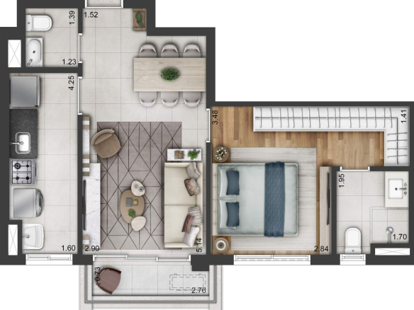 Perspectiva da unidade tipo de 52 m² do Soul Itapecuru em Alphaville