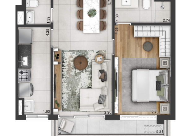 Perspectiva da unidade tipo de 54 m² do Soul Itapecuru em Alphaville