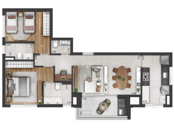Perspectiva da unidade tipo de 84 m² do Soul Itapecuru em Alphaville