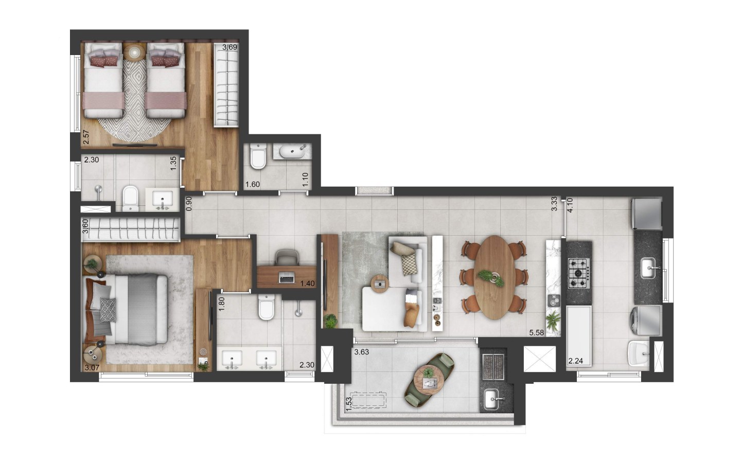 Soul Itapecuru – Atendimento Especializado (11) 4237-8776 Perspectiva da unidade tipo de 84 m² do Soul Itapecuru em Alphaville