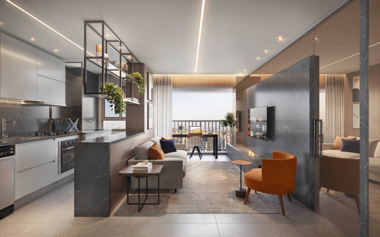 Soul Itapecuru – Atendimento Especializado (11) 4237-8776 Living do apartamento compacto do Soul Itapecuru em Alphaville