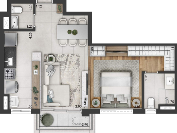 Planta de 52 m² do Soul Itapecuru em Alphaville