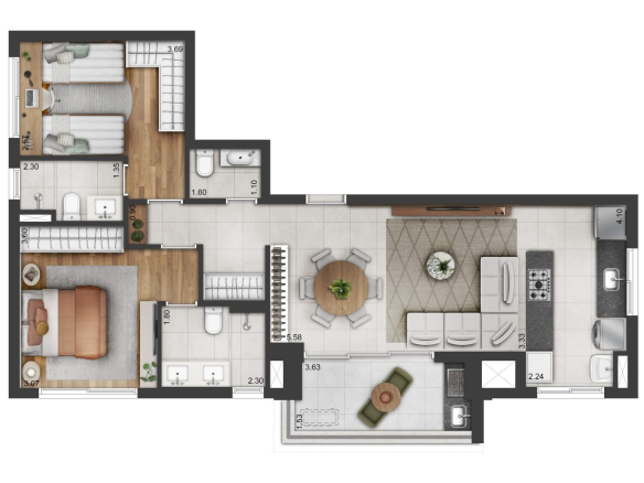 Planta de 84 m² do Soul Itapecuru em Alphaville