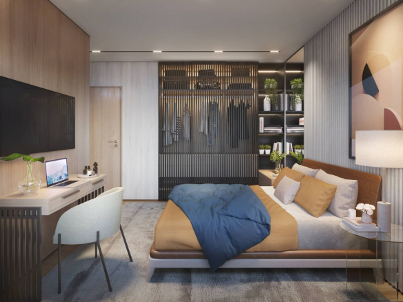Suíte master do apartamento de 83 m² do Soul Itapecuru em Alphaville