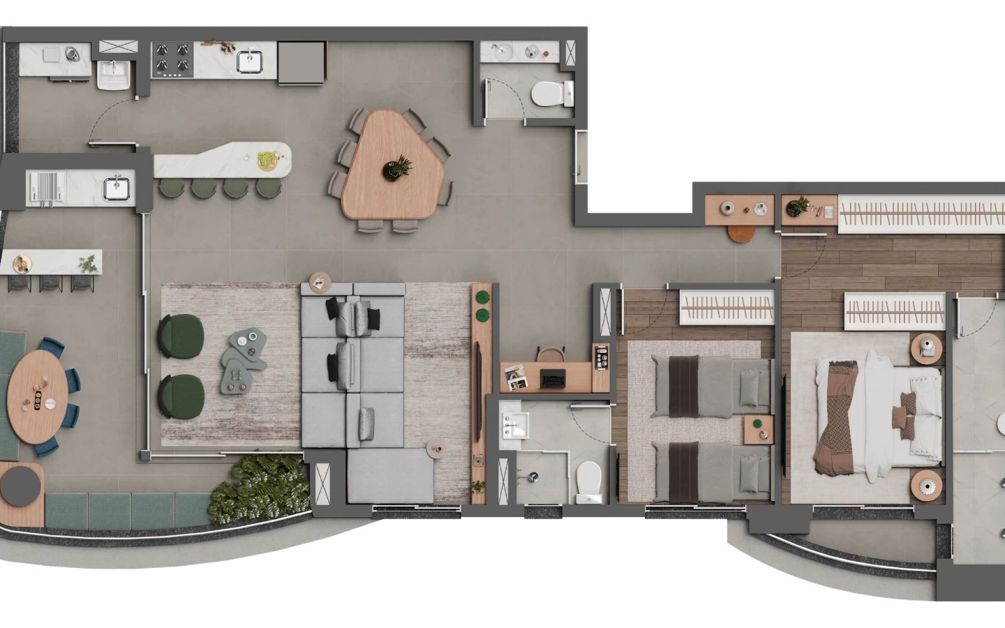 Square Design Residence – Atendimento Especializado (11) 4237-8776 Square Design Residence em Alphaville — planta ampliada de 118 m² com duas suítes