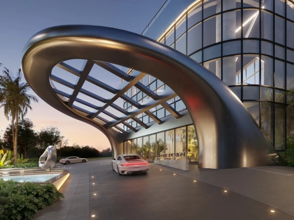 Acesso e fachada do Square Design Residence na Avenida Verte Ville, em Alphaville