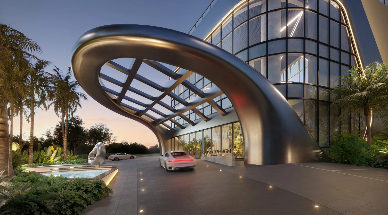 Acesso e fachada do Square Design Residence na Avenida Verte Ville, em Alphaville