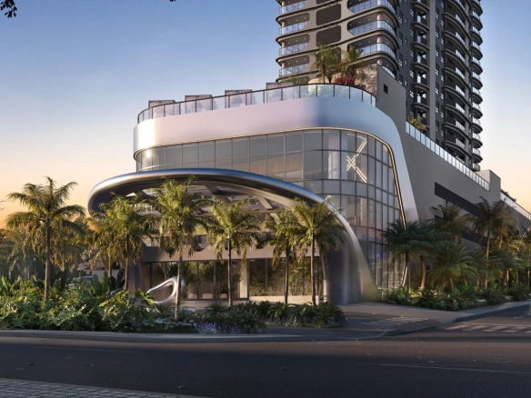 Fachada e embasamento do Square Design Residence no 18 do Forte, em Alphaville