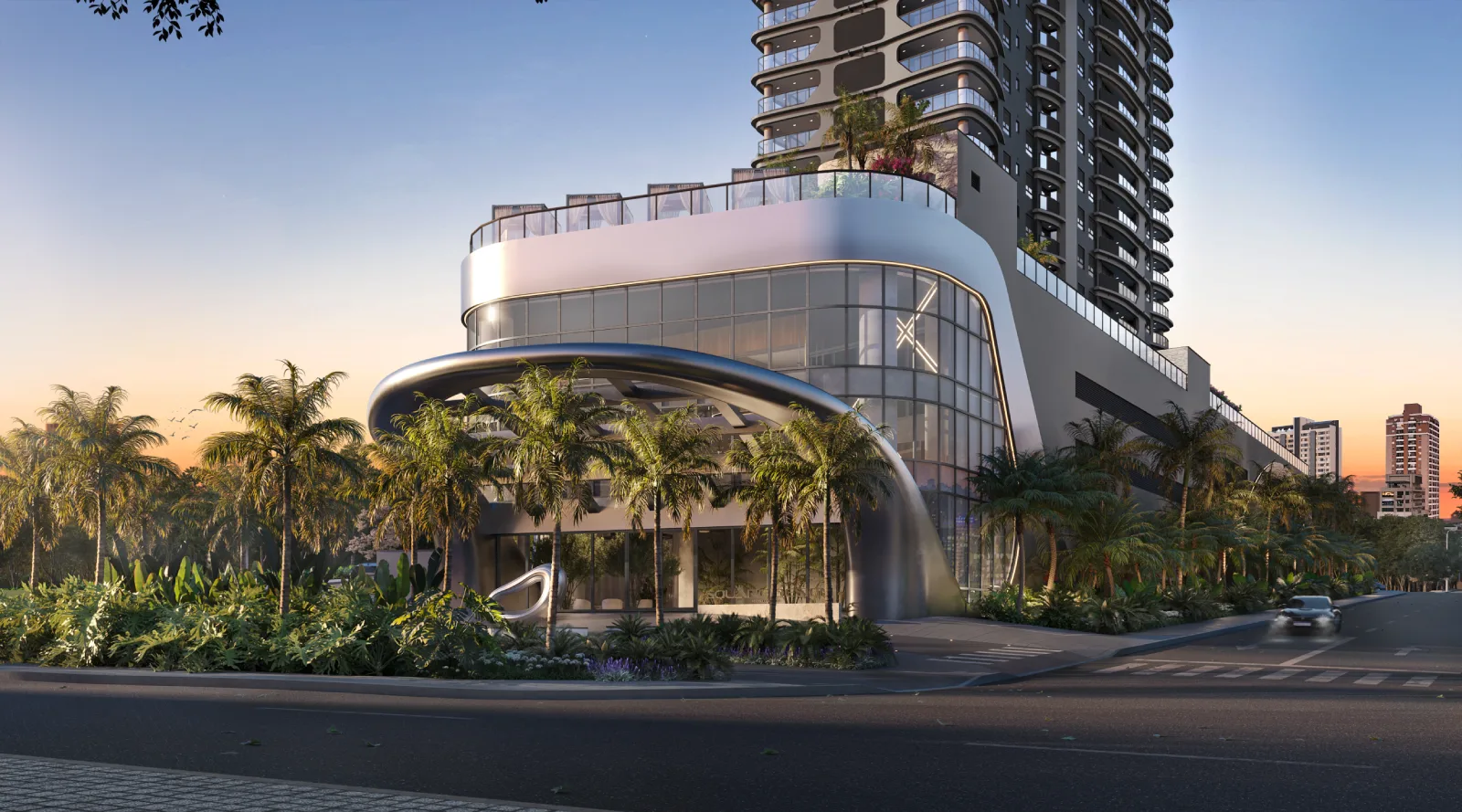 Fachada e embasamento do Square Design Residence no 18 do Forte, em Alphaville