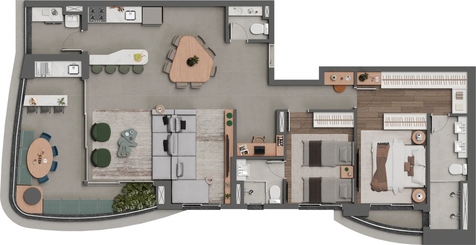 Planta completa de 118,90 m² do Square Design Residence com duas suítes e living ampliado