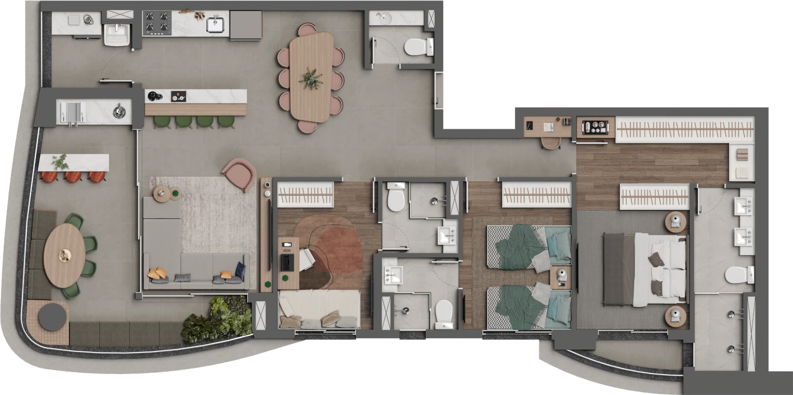 Planta completa de 118,90 m² do Square Design Residence com três suítes