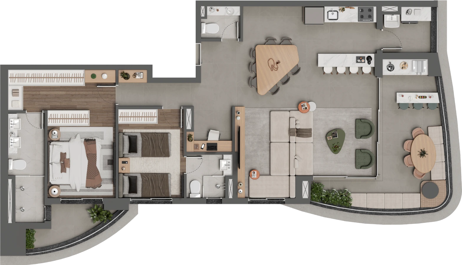 Planta completa de 121,33 m² do Square Design Residence com duas suítes e living ampliado