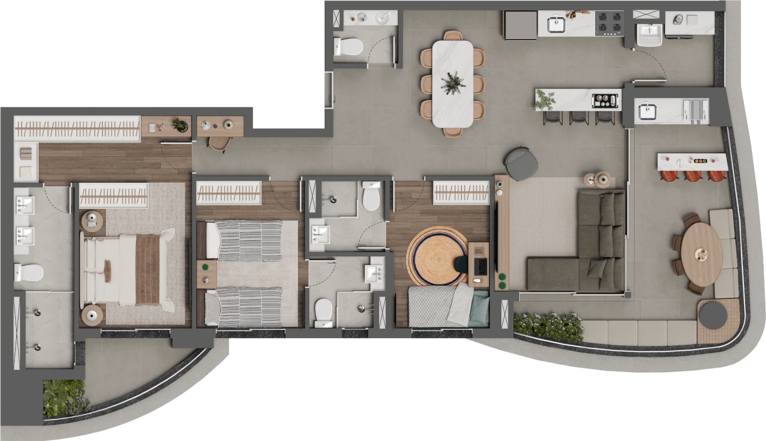 Planta completa de 121,33 m² do Square Design Residence com três suítes
