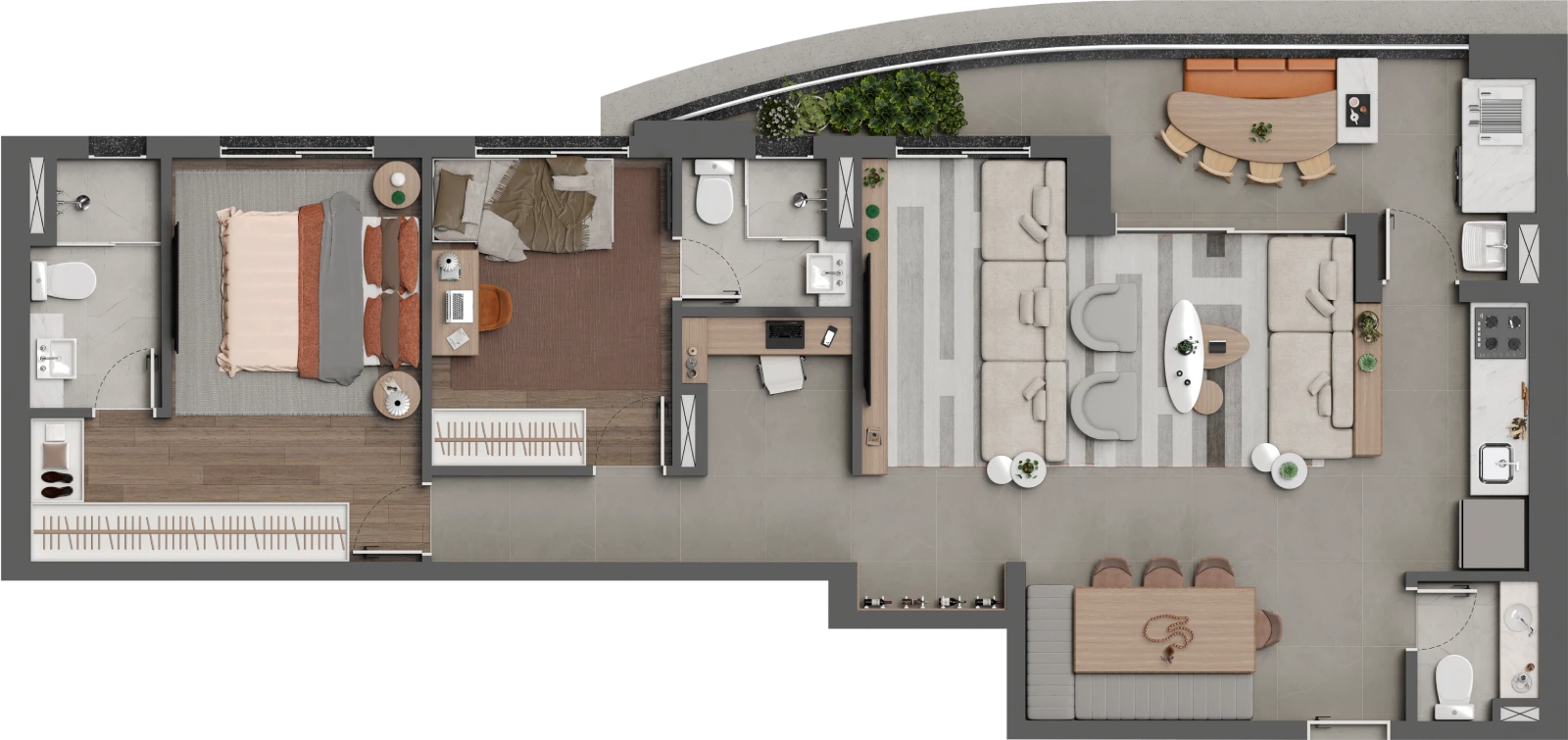 Planta completa de 94,73 m² final 3 do Square Design Residence com living ampliado