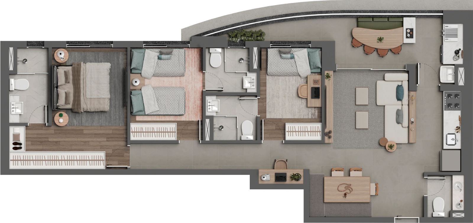 Planta completa de 94,73 m² final 3 do Square Design Residence com três suítes