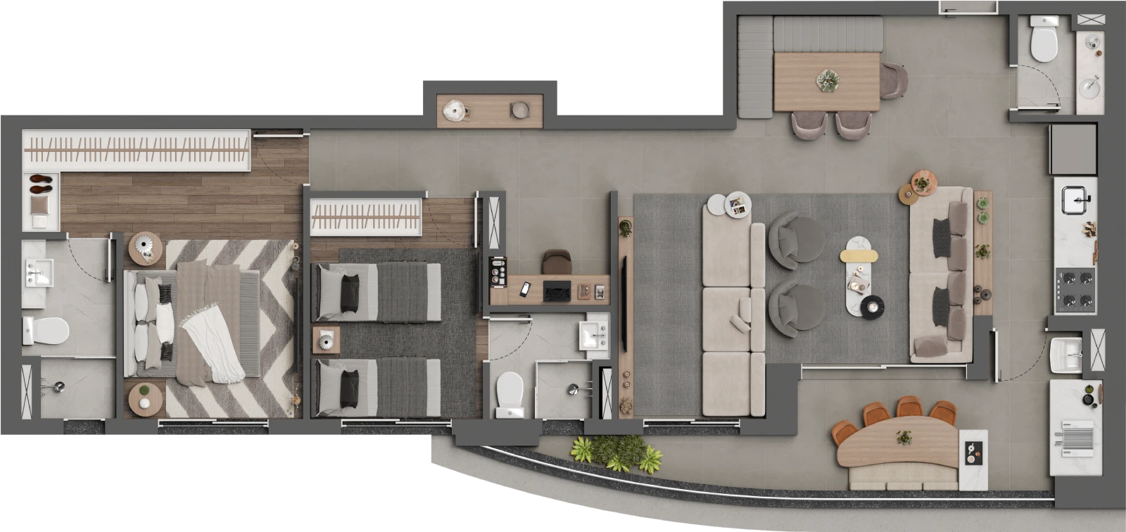Planta completa de 94,58 m² final 6 do Square Design Residence com living ampliado