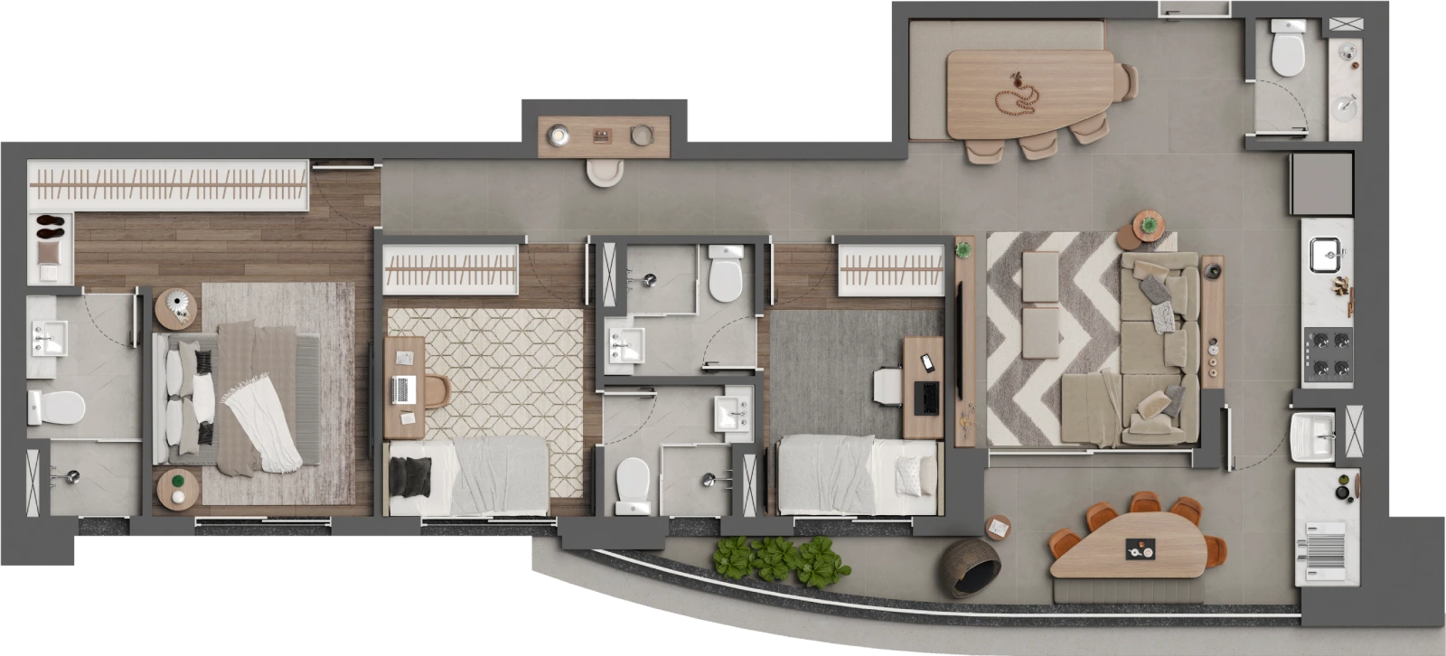 Planta completa de 94,58 m² final 6 do Square Design Residence com três suítes