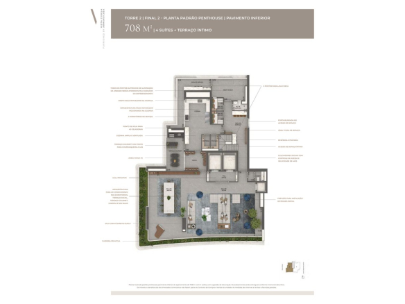 Planta oficial do pavimento inferior da penthouse de 708 m² do Tower Milano