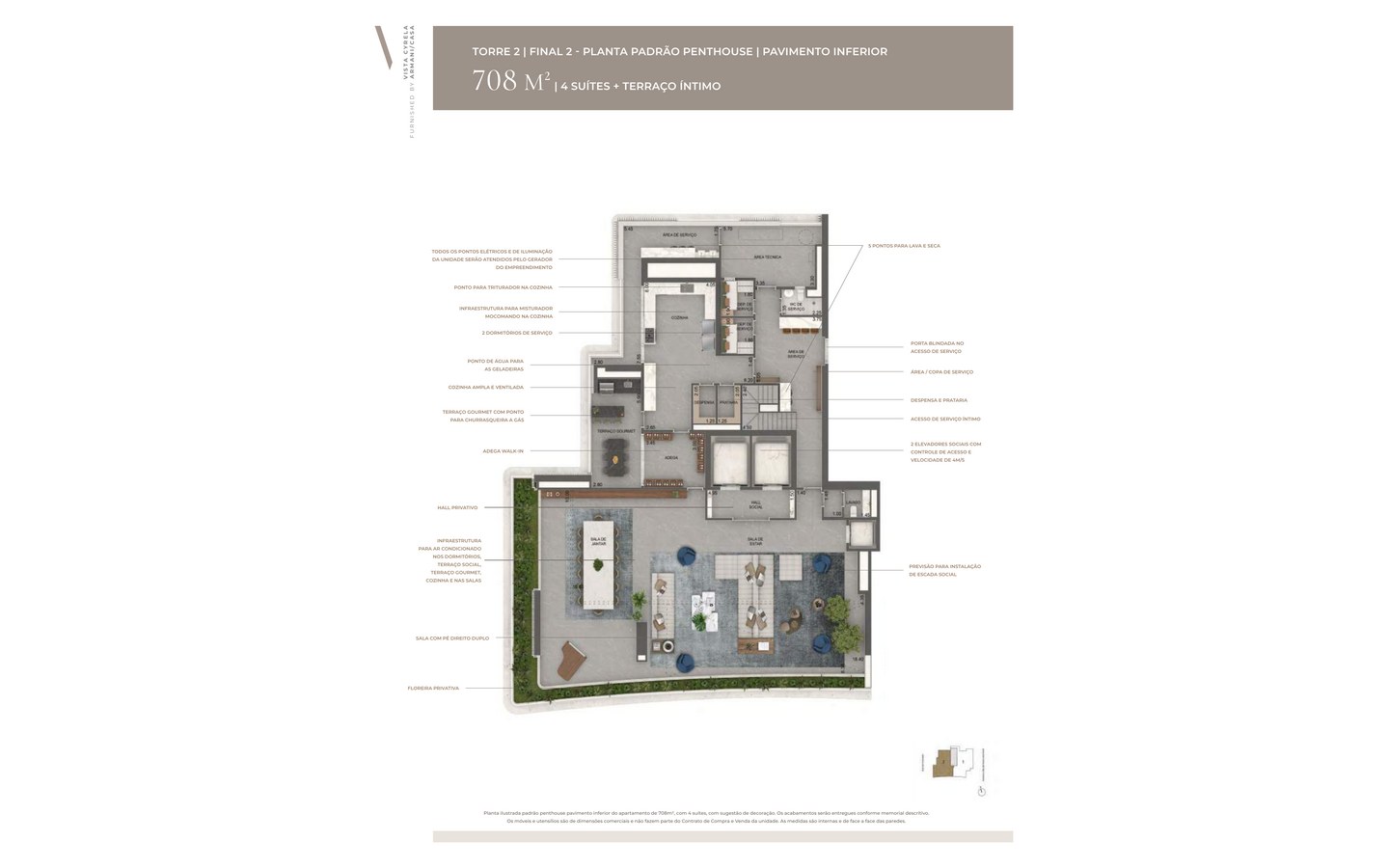 Planta oficial do pavimento inferior da penthouse de 708 m² do Tower Milano