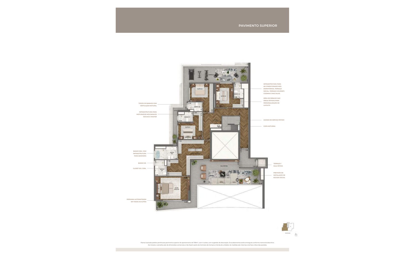 Planta oficial do pavimento superior da penthouse de 708 m² do Tower Milano