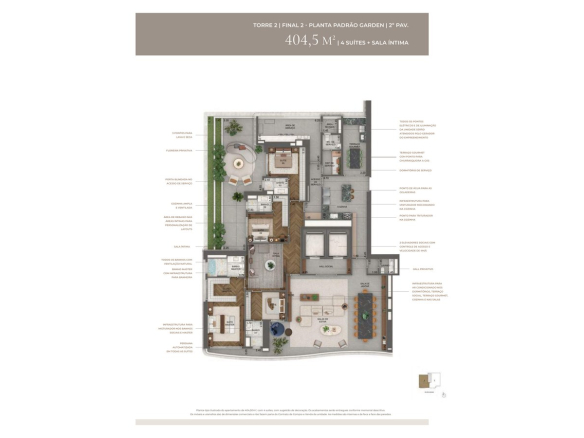 Planta garden oficial de 404,5 m² do Tower Milano com 4 suítes e sala íntima