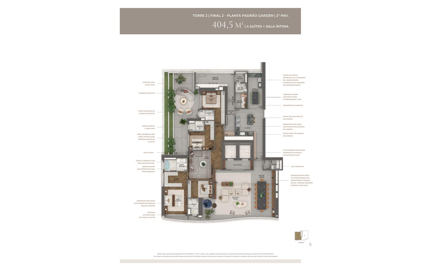 Planta garden oficial de 404,5 m² do Tower Milano com 4 suítes e sala íntima