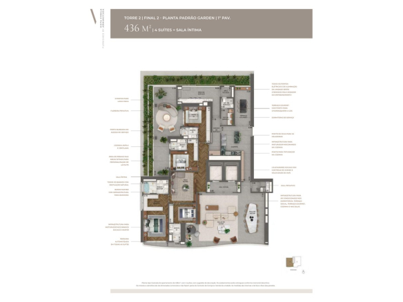 Planta garden oficial de 436 m² do Tower Milano com 4 suítes e sala íntima