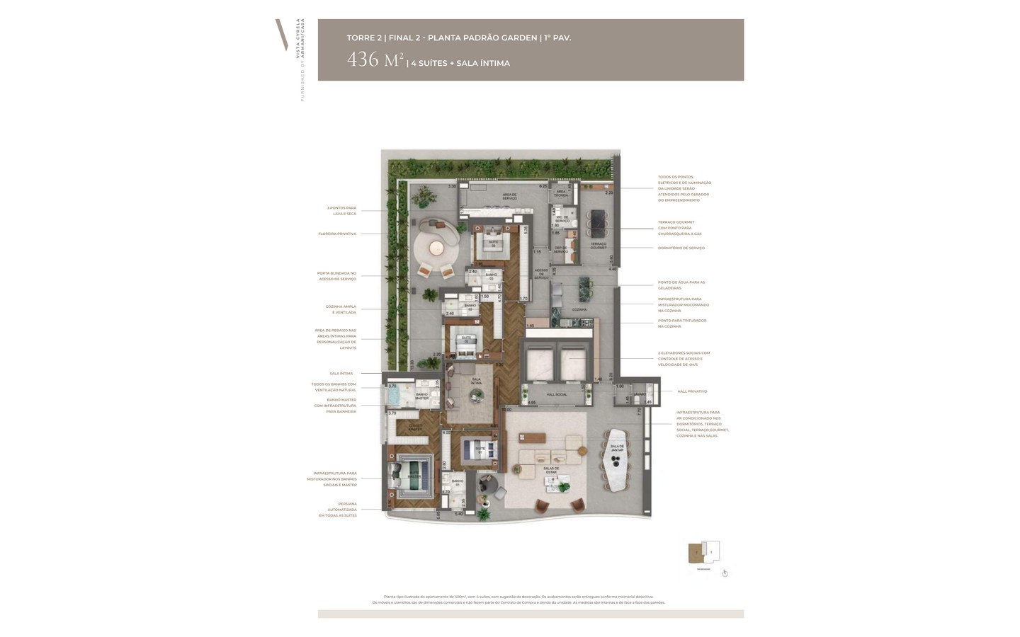 Vista Cyrela Furnished by Armani/Casa – Tower Milano – Atendimento Especializado (11) 4237-8776 Planta garden oficial de 436 m² do Tower Milano com 4 suítes e sala íntima